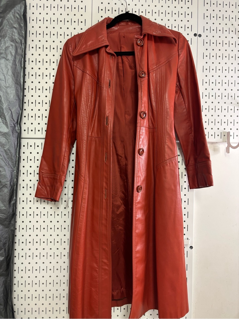 Women's Long Reddish-Orange Leather Button-Front Coat